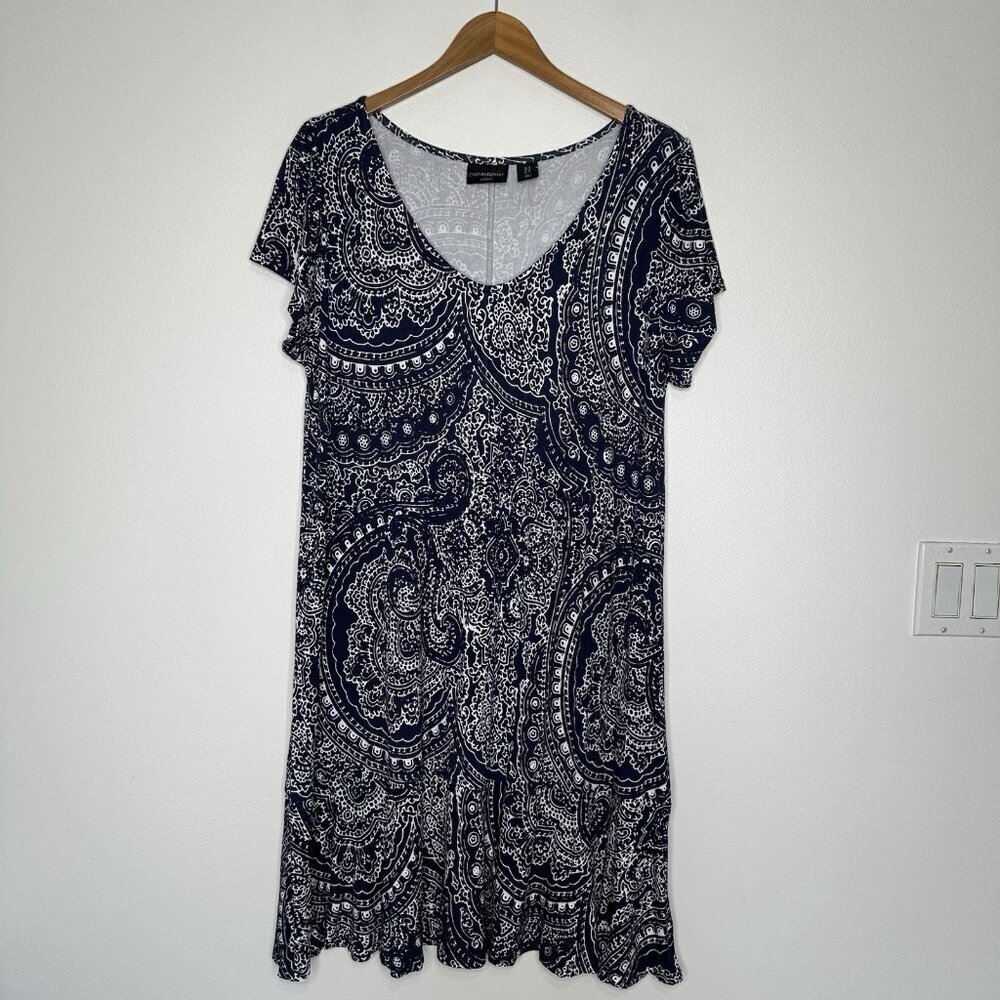 Cynthia Rowley Shift Dress 1X Navy Blue‎ Paisley V Neck Knit Stretch